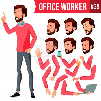 Office Worker Vector. Face Emotions, Various Gestures. Animation. Business Worker. Career. Professional Workman, Officer Clerk Flat Cartoon Illustration