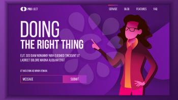 Doing The Right Thing Landing Page Concept Vector. Woman. Creative Idea. Business Coworking. Workflow Management. Illustration