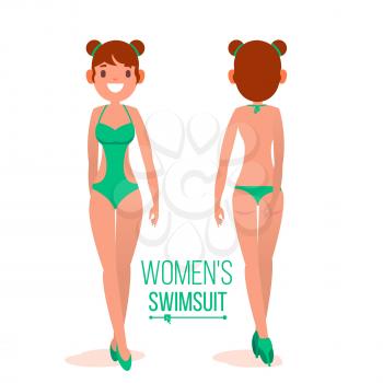 Women s Swimsuit Vector. Fashion Girl Displaying Modern Summer Beach Swimsuit. Back And Front Side. Beauty Female Swimwear Design. Isolated Flat Illustration