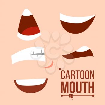 Cartoon Mouth Set Vector. Tongue, Smile, Teeth. Shock, Shouting, Smiling Anger Expressive Emotions Flat Illustration