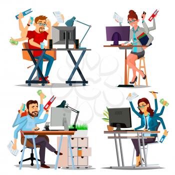 Multiple Tasks Business Concept Vector. Set Person. Many Hands Doing Tasks. Professional Occupation. Skill Of Multitasking. Financial Occupation. Talented Worker. Plodding Worker. Illustration