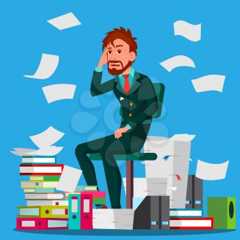 Businessman Doing Paperwork Vector. Office Worker. Emotional Stress. Large Stacks Of Folders. Cluttered Documentation. Cartoon Illustration