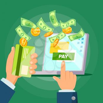 Laptop Payment Vector. Transaction And Paypass. Tax Research, Ecommerce. Isolated Flat Cartoon Illustration