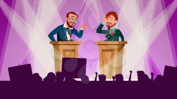 Political Meeting Vector. Debates Concept. Leading Presentation. Tribune. Candidate Speech. People Crowd With Support Banners. Flat Cartoon Illustration