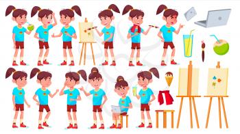 Girl Schoolgirl Kid Poses Set Vector. High School Child. Teaching, Educate, Schoolkid. For Presentation, Print, Invitation Design. Isolated Cartoon Illustration