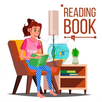 Woman Reading Book Vector. Reading At Home. Love Reading. Isolated Cartoon Illustration