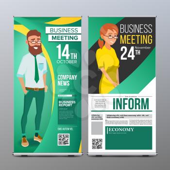 Roll Up Banner Vector. Vertical Billboard Template. Businessman And Business Woman. Expo, Presentation, Festival. For Corporate Forum. Presentation Concept. Green, Yellow. Realistic Flat Illustration