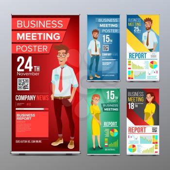 Roll Up Stand Set Vector. Vertical Flag Blank Design. Businessman And Business Woman. For Business Conference. Invitation Concept. Illustration