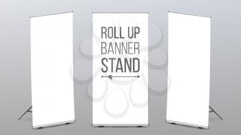 Roll Up Banner Stand Set Vector. Vertical Billboard. Poster For Forum. Empty Mock Up. White Show Display. Realistic Illustration