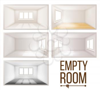 Empty Room Set Vector. Clean, White, Empty Wall. Plastic Window. House Interior Background. Dimensional Space. Living room. 3d Realistic Illustration