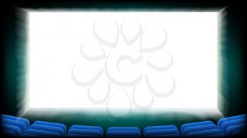 Screen Movie Cinema Vector. Cinema Hall Blue Seats. Illustration