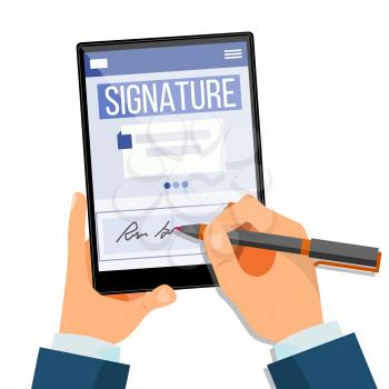 Electronic Signature Tablet Vector. Electronic Document, Contract. Digital Signature. Isolated Illustration