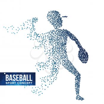 Baseball Player Silhouette Vector. Grunge Halftone Dots. Dynamic Baseball Athlete In Action. Flying Dotted Particles. Sport Banner, Event Concept. Isolated Illustration