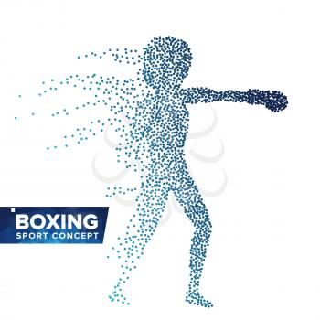 Boxing Player Silhouette Vector. Halftone Dots. Dynamic Boxing Athlete In Action. Flying Dotted Particles. Sport Banner Concept. Isolated Illustration
