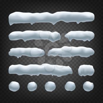 Snow Drift Vector. Snowballs, Snowdrift. New Year Winter Ice Element. Realistic Snow Caps. Isolated On Transparent Background Illustration
