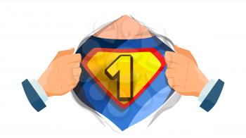 Number One Sign Vector. Superhero Open Shirt With Shield Badge. Isolated Flat Comic Illustration
