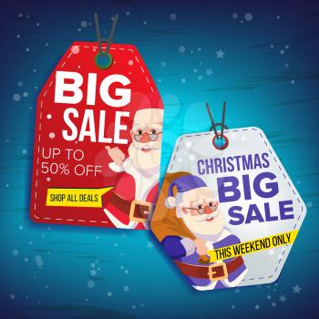 New Year Sale Tags Vector. Colorful Shopping Discounts Stickers. Santa Claus. Discount Concept. Season Christmas Sale Promotion Illustration