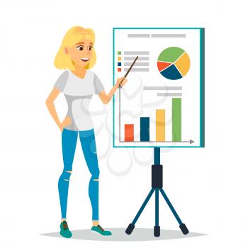 Financial Consultant Vector. Business Woman, Blackboard. Professional Support Research Graphs Market. Business Management. Financial Planning. Accounting Organization Process. Illustration