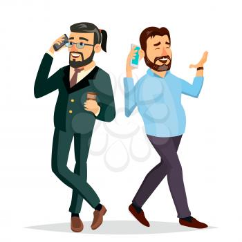Business Men Talking To Each Other On The Phone Vector. Office Friends, Colleagues. Boss, CEO. Communicating Male. Isolated Cartoon Character Illustration