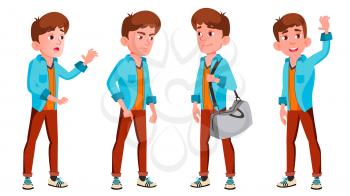 Teen Boy Poses Set Vector. Caucasian, Positive. For Presentation, Print, Invitation Design. Isolated Cartoon Illustration