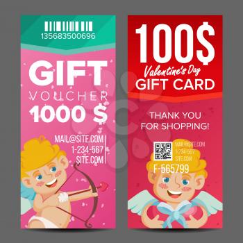 Valentine s Day Gift Voucher Vector. Vertical Coupon. February 14. Valentine Cupid And Gifts. Shopping Advertisement. Business Love Gift Red Illustration