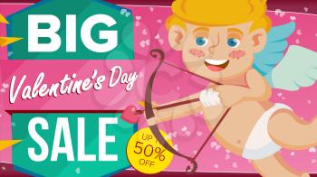 Valentine s Day Sale Banner Vector. Happy Cupid, Amour. Template Design For February 14 Banner, Brochure, Poster, Discount Offer Advertising. Best Offer. Marketing Advertising Design Illustration.