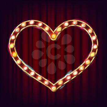 Golden Heart Frame Vector. Electric Glowing Element. Realistic Illustration