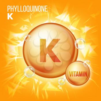Vitamin K Phylloquinone Vector. Vitamin Gold Oil Pill Icon. Organic Vitamin Gold Pill Icon. For Beauty, Cosmetic, Heath Promo Ads Design. Chemical Formula. Illustration