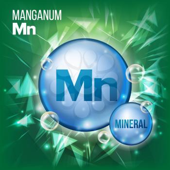 Mn Manganum Vector. Mineral Blue Pill Icon. Vitamin Capsule Pill Icon. Substance For Beauty, Cosmetic, Heath Promo Ads Design. Mineral Complex With Chemical Formula. Illustration