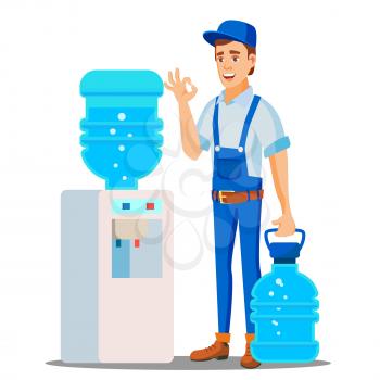 Water Delivery Service Man Vector. Worker In Blue Uniform. Purification. Isolated Flat Cartoon Illustration