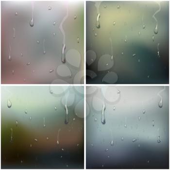 Wet Glass Set Vector. Water Drops. Pure Droplets Condensed. Clear Vapor Water Bubbles. Rain Drops. Steam Shower. Illustration
