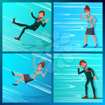 Business Person Go Against Wind, Falling Down Vector. Against Obstacles. Opposite Direction. Opponent, Finance Miskate, Business Bankruptcy, Work Crisis. Failure. Office Worker Illustration