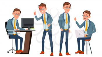 Office Worker Vector. Face Emotions, Various Gestures. Businessman Worker. Happy Job. Partner, Clerk, Servant, Employee Isolated Flat Cartoon Illustration