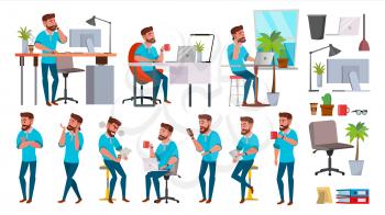 Business Man Character Vector. Working People Set. Office, Creative Studio. Bearded. Full Length. Programmer, Designer, Manager. Different Poses Face Emotions Business Character Illustration