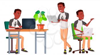 Office Worker Vector. Emotions. Lifestyle. Black. African. Business Person. Poses. Front, Side View Career Modern Employee Workman Isolated Flat Cartoon Character Illustration