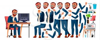 Office Worker Vector. Turkish. Turk. Animation Creation Set. Businessman Worker. Lifestyle Generator. Animated Elements. Front, Side View. Job Partner Clerk Employee Cartoon Illustration