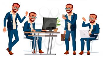 Office Worker Vector. Emotions, Gestures. Turkish. Turk. Poses. Business Human Smiling Manager Servant Workman Officer Flat Character Illustration