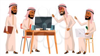 Arab Man Office Worker Vector. Traditional Clothes. Islamic. Face Emotions, Animated Elements. Various Gestures. Business Human. Smiling Manager, Servant, Workman Officer Flat Character Illustration