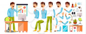 Business Man Worker Character Vector. Working Male. Office Worker. Animation Set. Clerk, Salesman, Designer. Emotions Expressions Cartoon Illustration