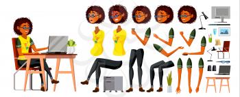 African Black Business Woman Character Vector. Working American Female Girl. Business African Black Character Working At Office Desk. Animation Set. Illustration