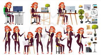 Office Worker Vector. Woman. Face Emotions, Various Gestures. Isolated Cartoon Character Illustration