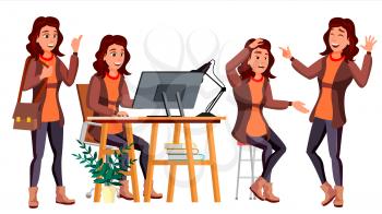 Office Worker Vector. Woman. Successful Officer, Clerk, Servant. Business Woman Worker. Face Emotions, Various Gestures Isolated Flat Illustration