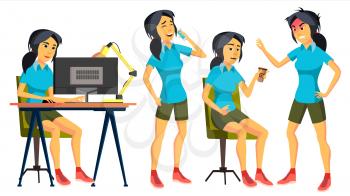 Office Worker Vector. Woman. Professional Officer, Clerk. Business Japanese Female. Lady Face Emotions, Various Gestures. Isolated Flat Character Illustration