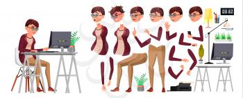 Office Worker Vector. Woman. Professional Officer, Clerk. Business Female. Lady Face Emotions, Various Gestures. Animation Creation Set. Flat Character Illustration