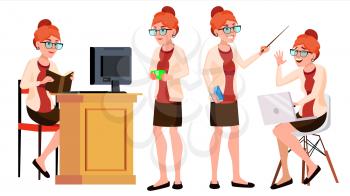 Office Worker Vector. Woman. Happy Clerk, Servant, Employee. Business Woman Person. Lady Face Emotions, Various Gestures. Flat Character Illustration
