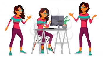 Office Worker Vector. Woman. Modern Arab Employee, Laborer. Saudi. Business Woman. Face Emotions, Various Gestures Flat Cartoon Illustration