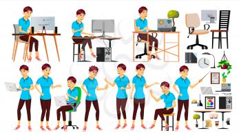 Office Worker Vector. Japanese Woman. Smiling Servant, Officer. Business Human. Lady Face Emotions, Various Gestures. Animation Creation Set. Isolated Cartoon Character Illustration