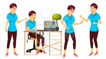Office Worker Vector. Woman. Happy Clerk, Servant, Employee. Business Woman Person. Japanese Lady Face Emotions, Nipponese Various Gestures. Flat Character Illustration