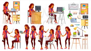Office Worker Vector. Woman. Smiling Servant, Officer. Business Person. Face Emotions, Various Gestures. Arab Saudi Flat Cartoon Illustration