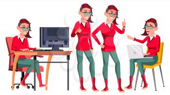 Office Worker Vector. Woman. Successful Officer, Clerk, Servant. In Action. Emo, Freak Hairstyle. Adult Business Woman. Face Emotions Gestures Isolated Flat Cartoon Illustration